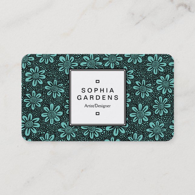 Square Label 05 - Flower Pattern - Teal Business Card (Front)
