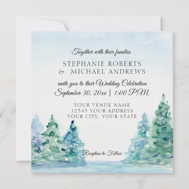 Square Lakeside Mountain Pine Tree Outdoor Wedding Invitation (Front)
