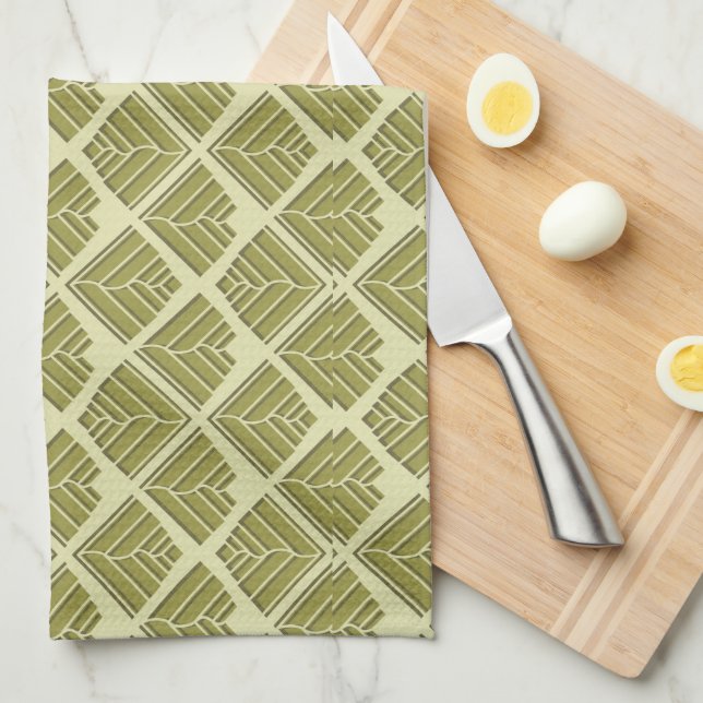 Square Leaf Pattern Gold Lime Light Tea Towel (Quarter Fold)