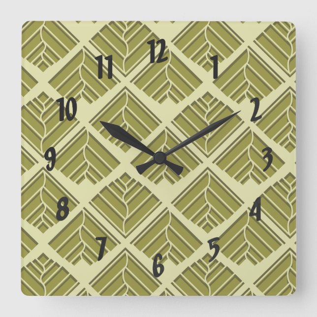 Square Leaf Pattern Gold Lime Light Wall Clock (Front)