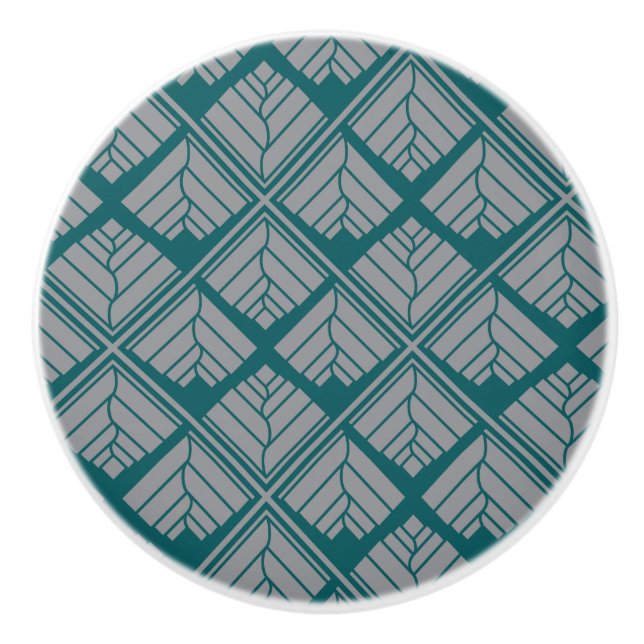 Square Leaf Pattern Teal Neutral Ceramic Knob (Front)