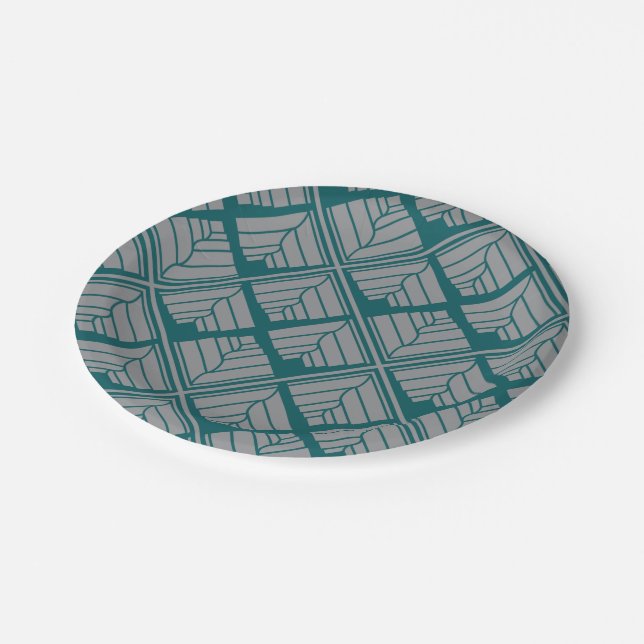 Square Leaf Pattern Teal Neutral Paper Plate (Angled)