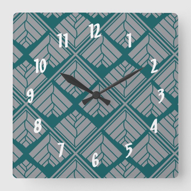 Square Leaf Pattern Teal Neutral Square Wall Clock (Front)