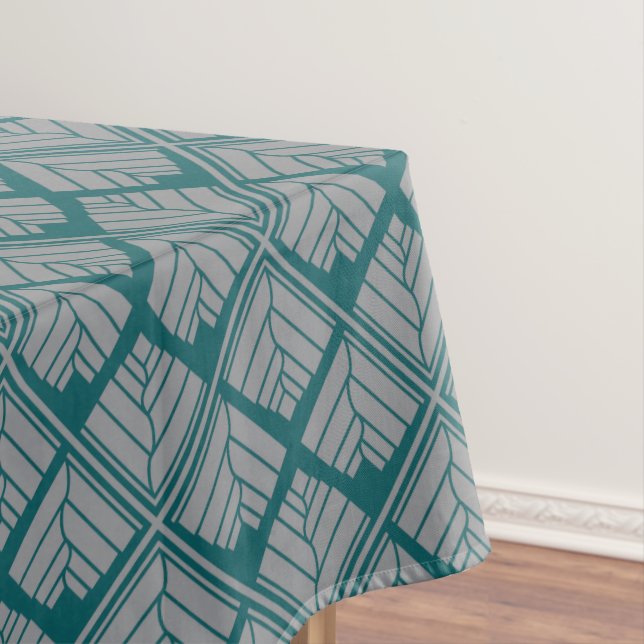 Square Leaf Pattern Teal Neutral Tablecloth (In Situ)