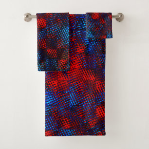 Square-lined scratched out red and royal blue bath towel set