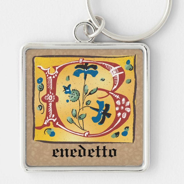 Square Mediaeval Floral Illuminated B Monogram Key Ring (Front)