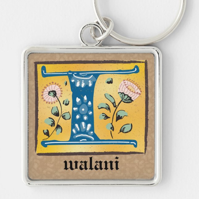 Square Mediaeval Floral Illuminated I Monogram Key Ring (Front)