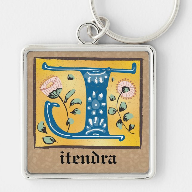Square Mediaeval Floral Illuminated J Monogram Key Ring (Front)