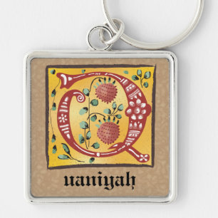 Square Mediaeval Floral Illuminated Q Monogram Key Ring