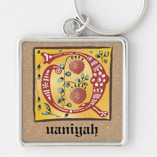 Square Mediaeval Floral Illuminated Q Monogram Key Ring (Front)