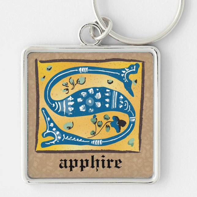 Square Mediaeval Floral Illuminated S Monogram Key Ring (Front)