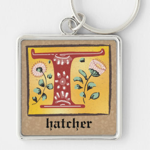 Square Mediaeval Floral Illuminated T Monogram Key Ring
