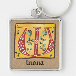 Square Mediaeval Floral Illuminated W Monogram Key Ring