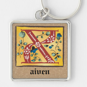 Square Mediaeval Floral Illuminated X Monogram Key Ring