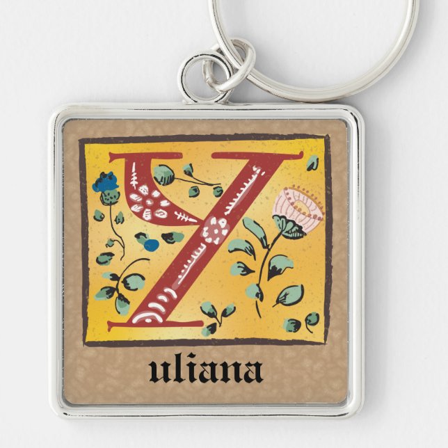Square Mediaeval Floral Illuminated Y Monogram Key Ring (Front)