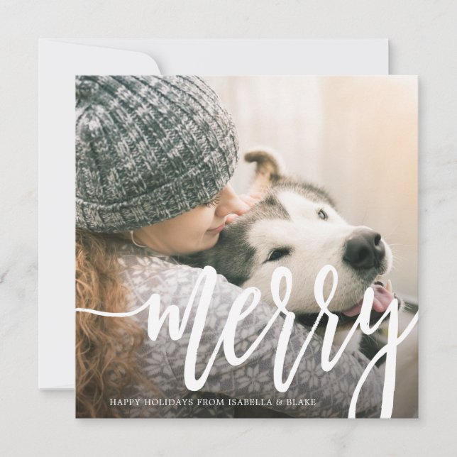 Square Merry White Script Holiday Card (Front)