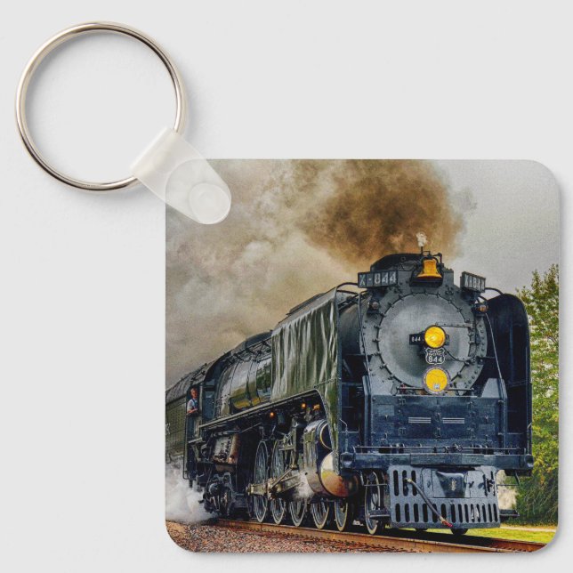 Square Metal Keychain - Steam Engine Train (Front)