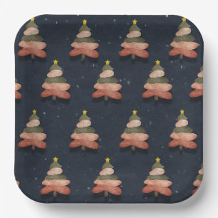 Square Midnight Blue Christmas Tree Pattern Large Paper Plate