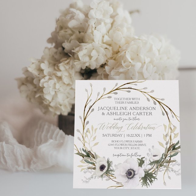 Square Modern Anemone Twig Fern Eucalyptus Wreath Invitation (Creator Uploaded)