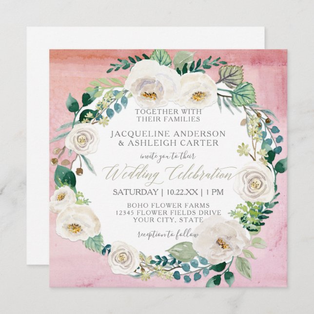 Square Modern Blush n White Rose Eucalyptus Wreath Invitation (Front/Back)