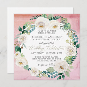 Square Modern Blush n White Rose Eucalyptus Wreath Invitation