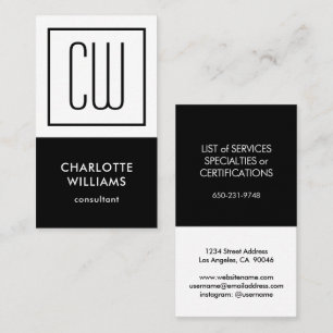 Square Monogram Minimalist Black & White Vertical Business Card