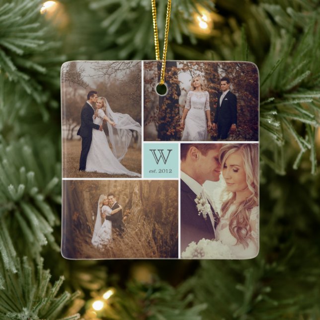 Square Monogram Photo Collage Holiday Ornament (Tree)