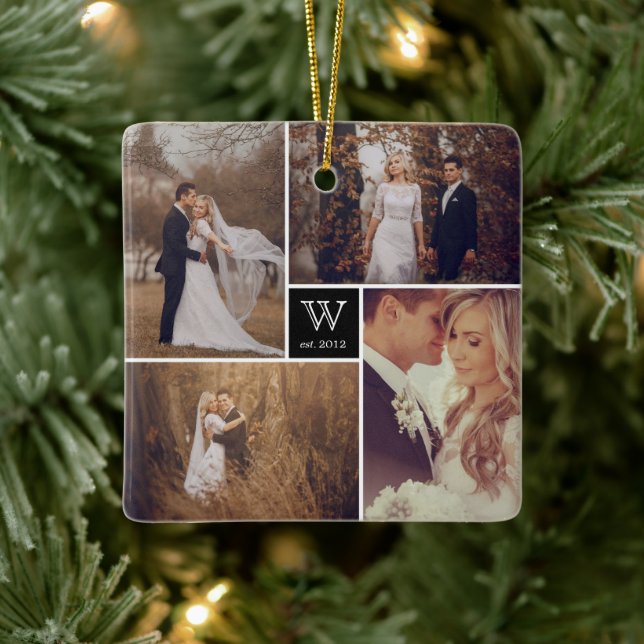Square Monogram Photo Collage Holiday Ornament (Tree)