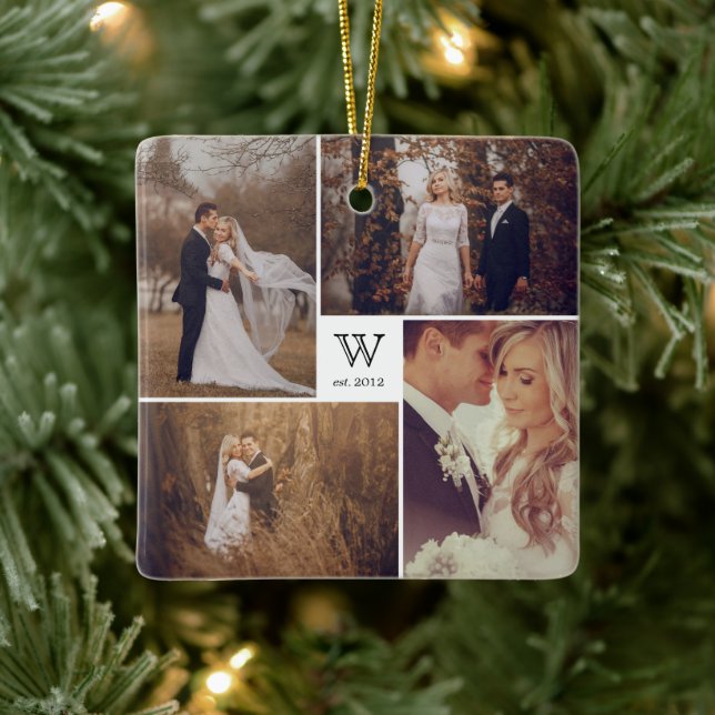Square Monogram Simple Photo Collage Christmas Ceramic Ornament (Tree)