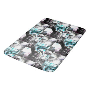 Square mosaic of messy textures in silver to cyan bath mat