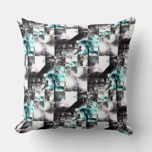 Square mosaic of messy textures in silver to cyan cushion