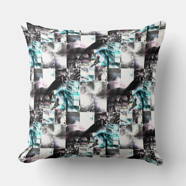 Square mosaic of messy textures in silver to cyan  cushion (Front)