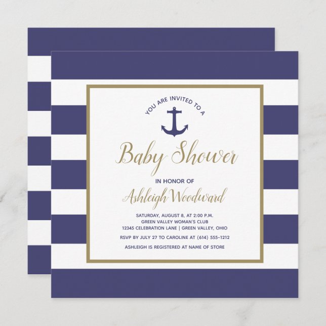 Square Nautical Anchor Navy Blue Boy Baby Shower Invitation (Front/Back)