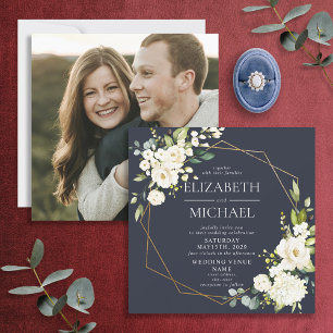 Square Navy Blue Gold Geometric White Floral Photo Invitation