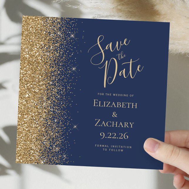 Square Navy Blue Gold Glitter Save the Date Announcement (Creator Uploaded)