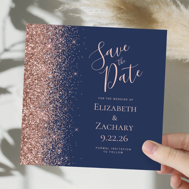 Square Navy Blue Rose Gold Save the Date Announcement (Creator Uploaded)