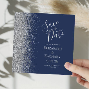 Square Navy Blue Silver Glitter Save the Date Announcement