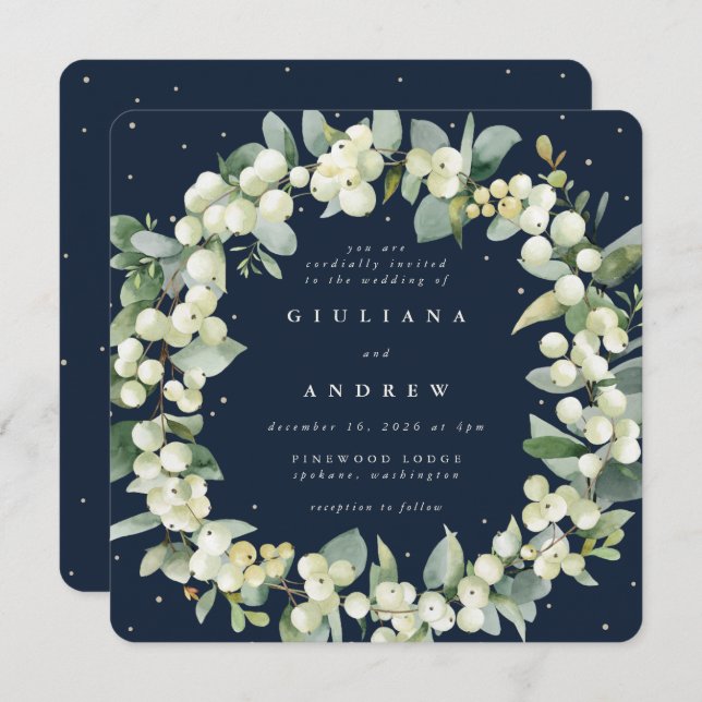 Square Navy Snowberry+Eucalyptus Wreath Wedding Invitation (Front/Back)