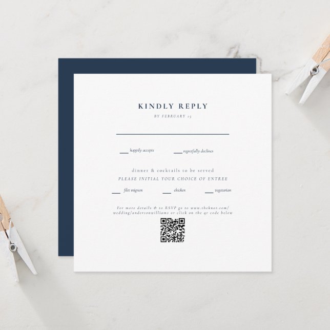 Square Navy & White Wedding QR Code II RSVP (Front/Back In Situ)