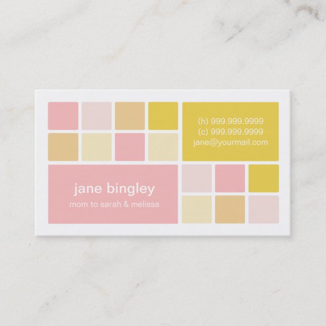 "Square One" Pink & Yellow Mummy Business Card (Front)