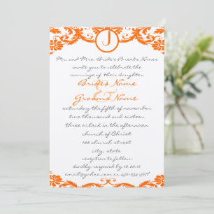 Square Orange Damask Monogram Wedding Invitation
