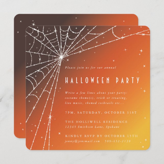 Square Orange Diamond Spider Web Halloween Party Invitation (Front/Back)