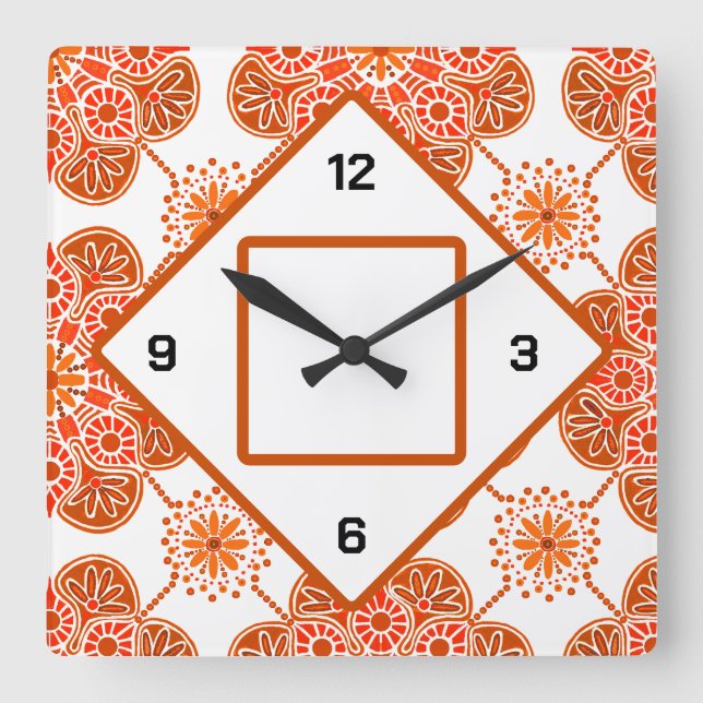 Square Orange Wall Clock for country kitchen (Front)