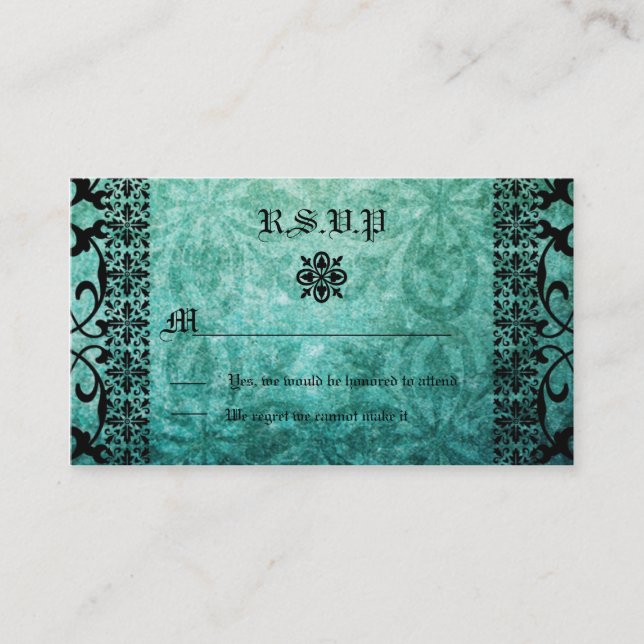 Square Ornate Green Damask Gothic Wedding RSVP Enclosure Card (Front)