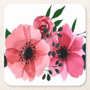 Square Paper Coaster with Vibrant Pink Flowers