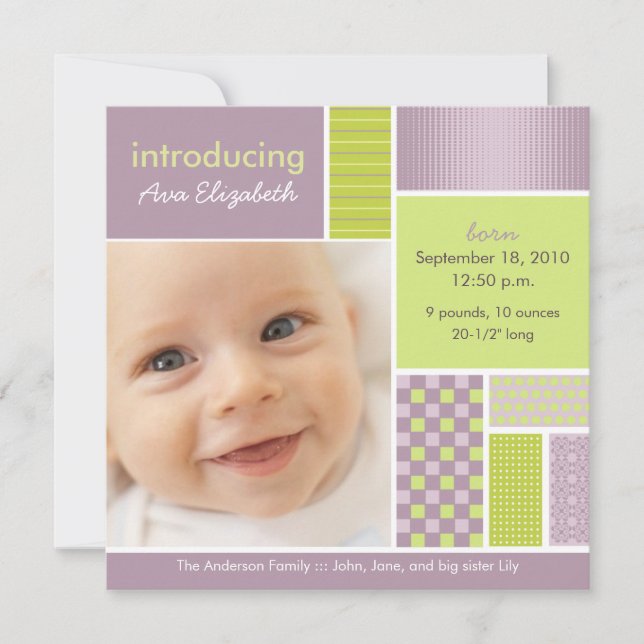 Square Patchwork Lilac Designer Birth Announcement (Front)
