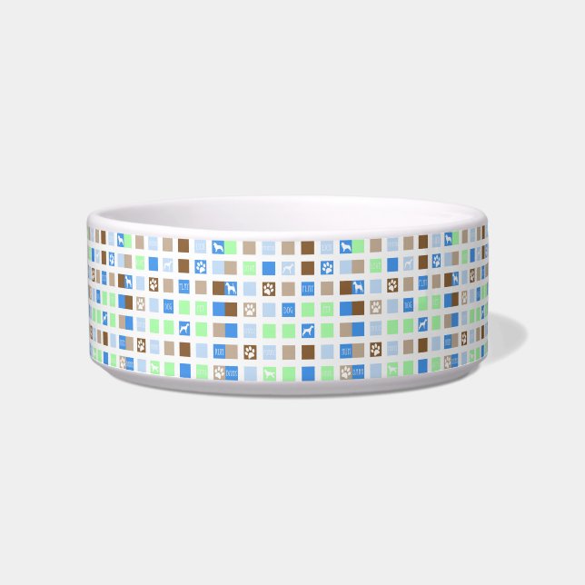 Square Pattern Silhouette Paw Words Dog Bowl (Front)