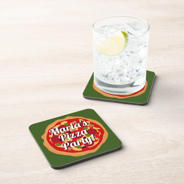 Square pepperoni pizza slice funny Birthday party Coaster (Right Side)