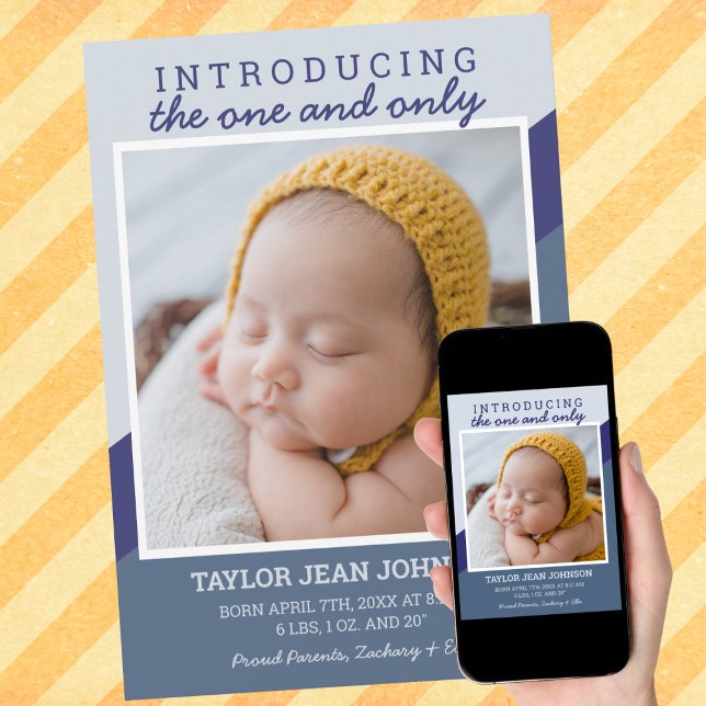Square Photo Blue Colour Block Birth Announcement (Creator Uploaded)