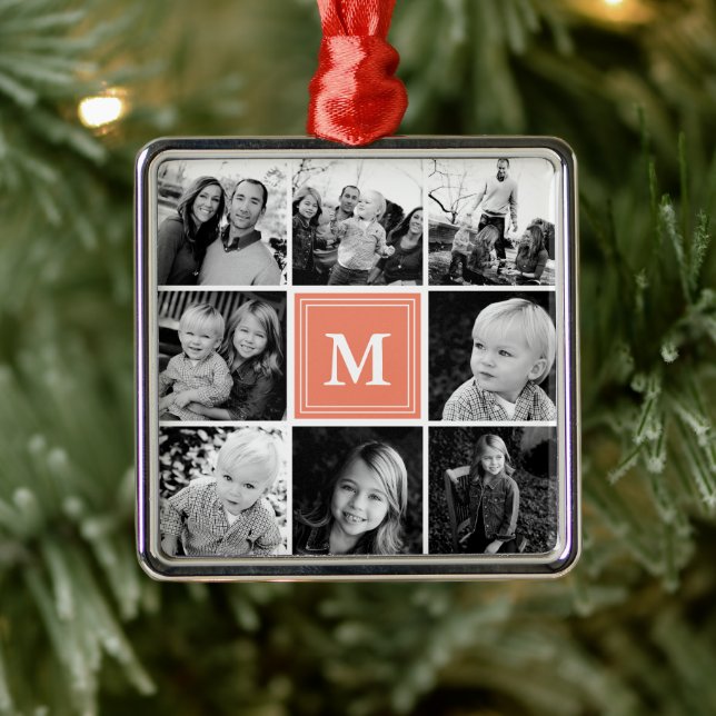 Square Photo Collage Coral Monogrammed Custom Metal Ornament (Tree)